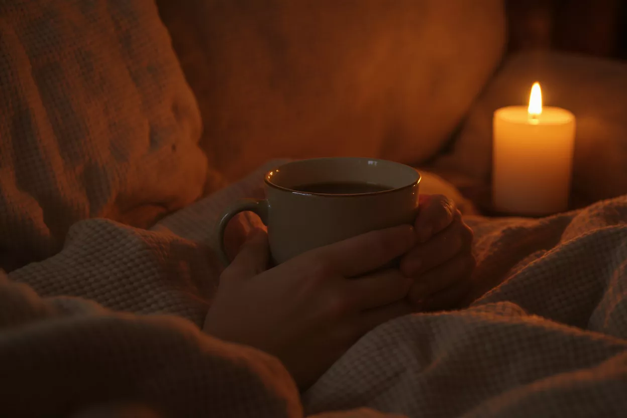 Hands holding a warm mug of coffee next to a flickering candle in a cozy setting.
