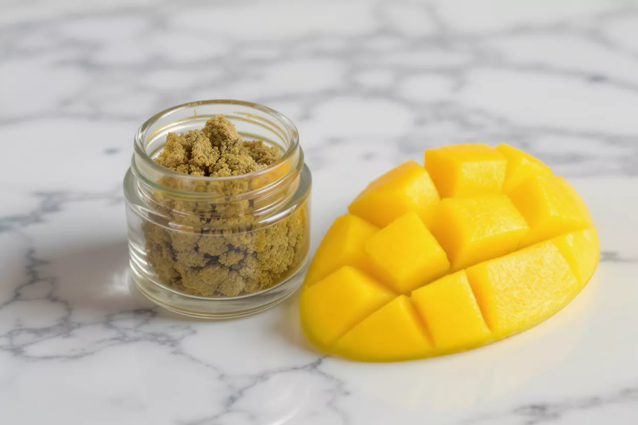 Concentré de cannabis et mangue Un pot en verre de concentré de cannabis à côté d'une mangue coupée en tranches sur une surface en marbre.