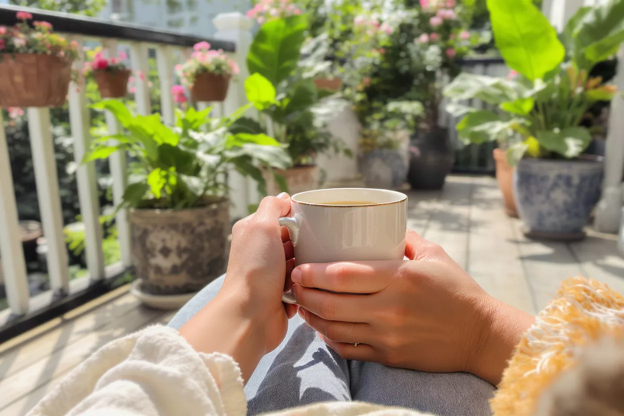 Hands holding a coffee cup on a sunny balcony with potted plants.