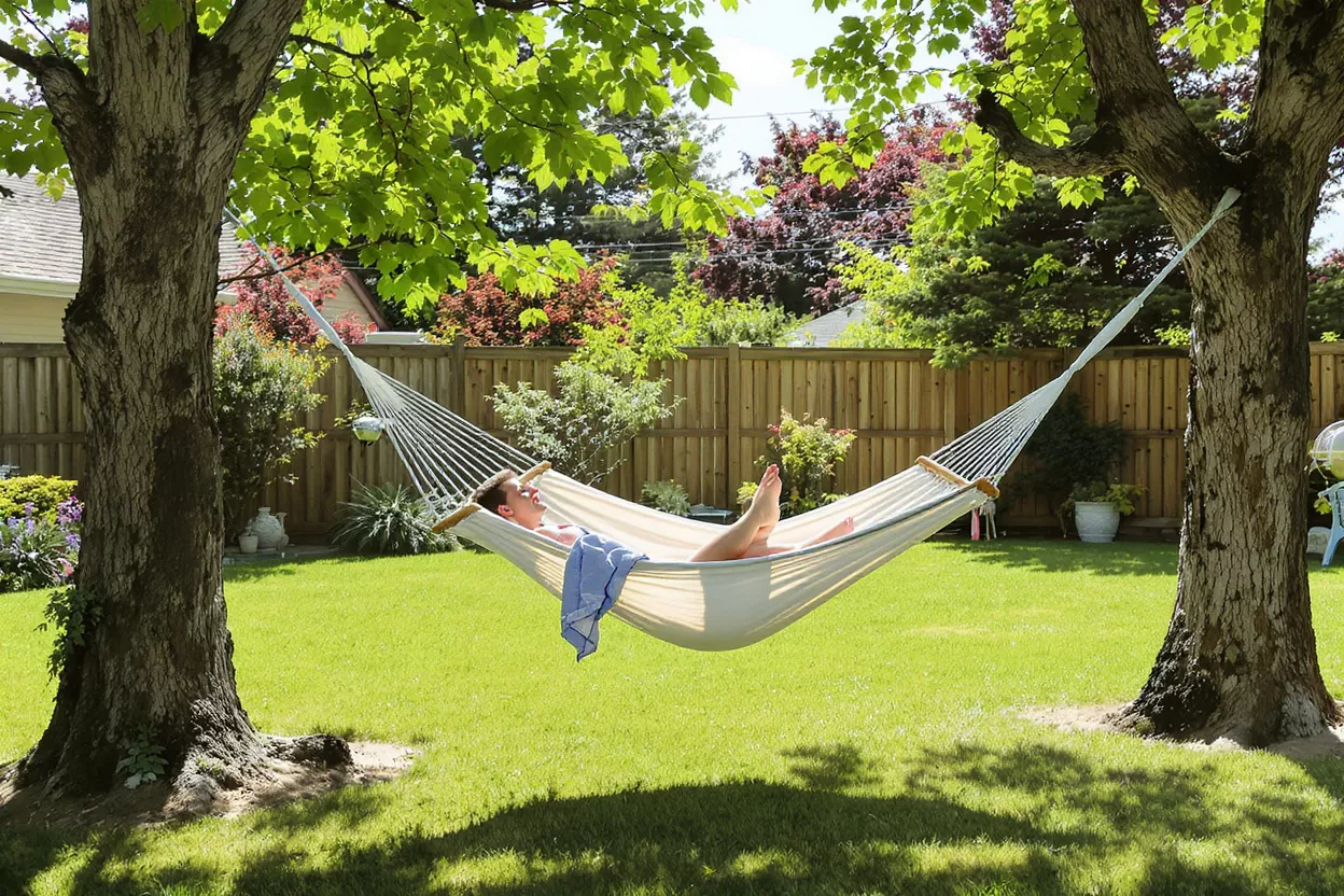 A person relaxing in a white hammock strung between two trees in a sunny backyard.