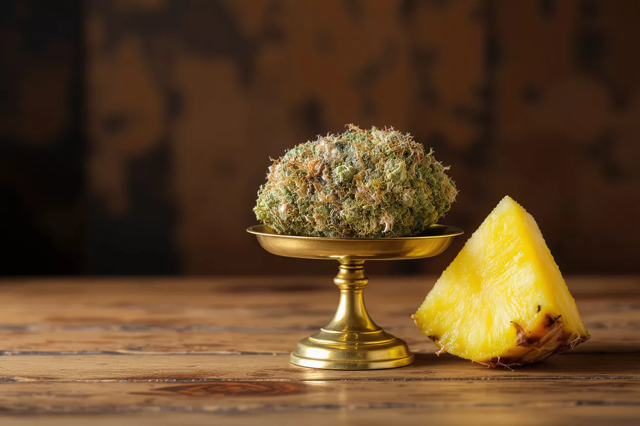 Primer plano de un cogollo de cannabis en un soporte de latón junto a una rodaja de piña.
