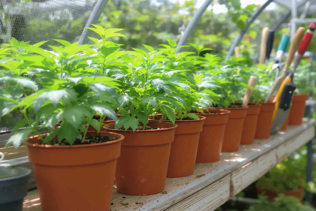 Rangée de jeunes plants d'un vert vif dans des pots marron sur une étagère en bois à l'intérieur d'une serre.