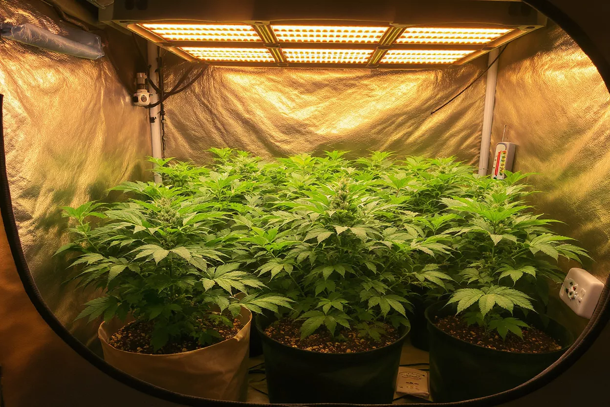 Lush green cannabis plants thriving under LED grow lights in an indoor tent.