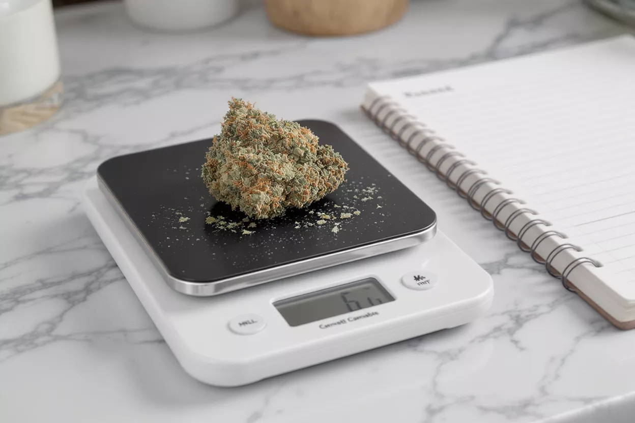 A large cannabis bud sits on a digital scale, displaying a weight.