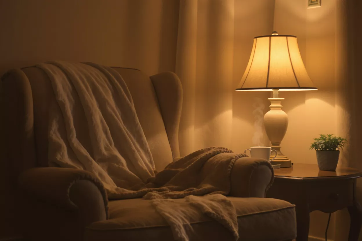 Un fauteuil confortable avec une couverture, une lampe chaude et une tasse fumante sur une table d'appoint.