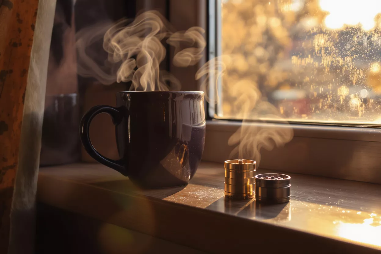 Steaming dark coffee mug and metal grinder on sunlit windowsill with bokeh background.