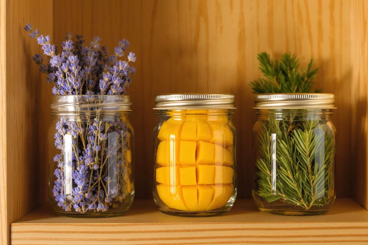 Three mason jars on a wooden shelf containing lavender, mango, and pine needles.