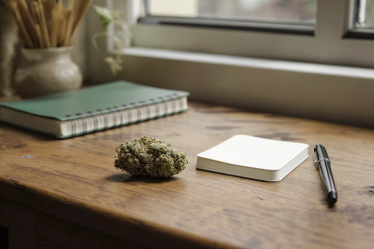 A cannabis bud on a wooden desk with a notebook and pen.