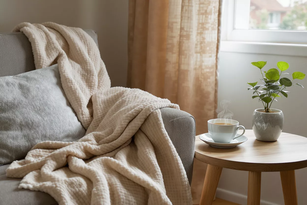 Rincón acogedor del salón Un rincón acogedor del salón con una manta, una almohada, café y una planta.