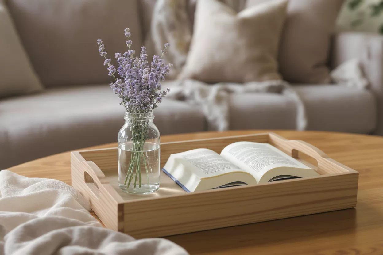 A wooden tray with lavender in a vase and an open book on a coffee table.