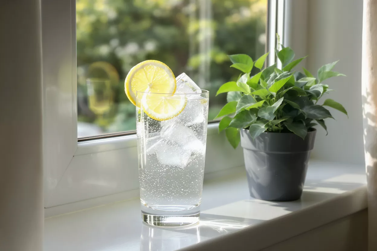 Glass of sparkling water with ice and lemon slices on a sunlit windowsill.