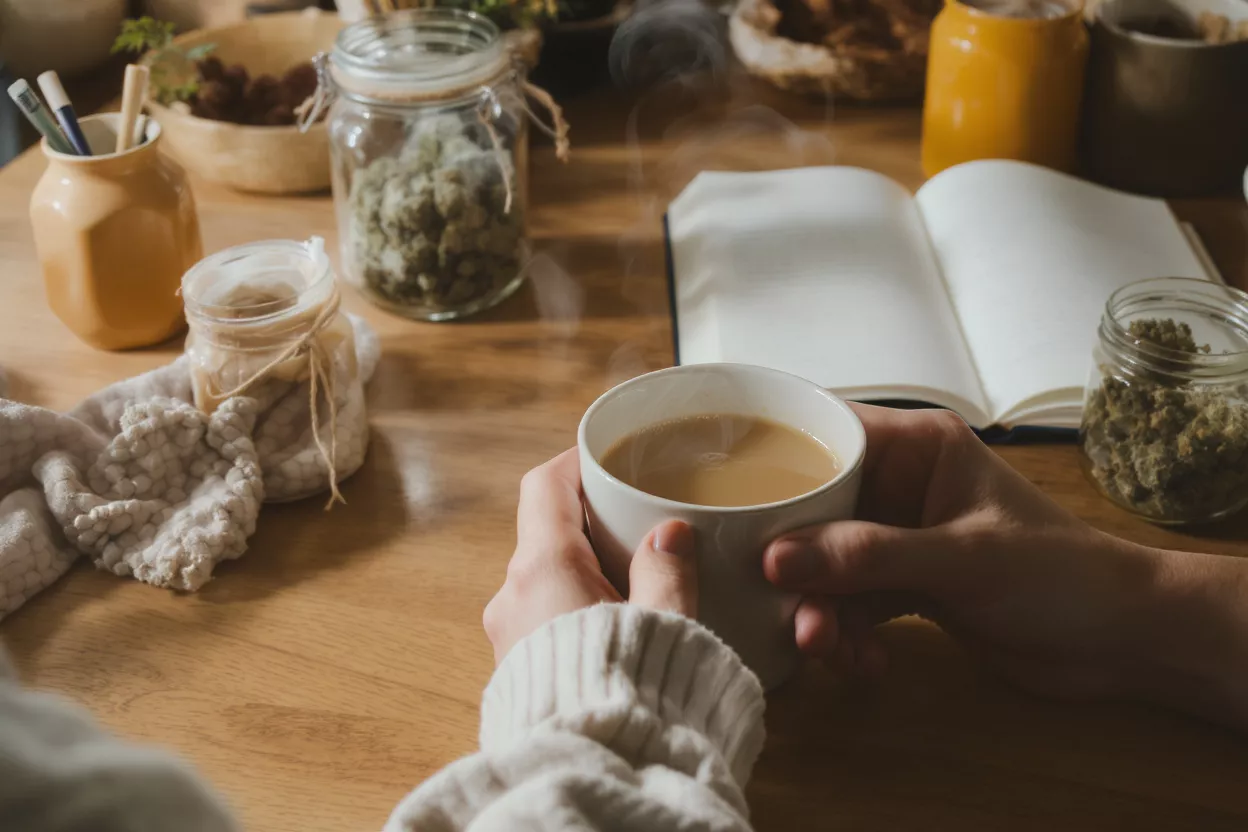 Hands holding steaming coffee mug on wooden table with cannabis jars and notebook.