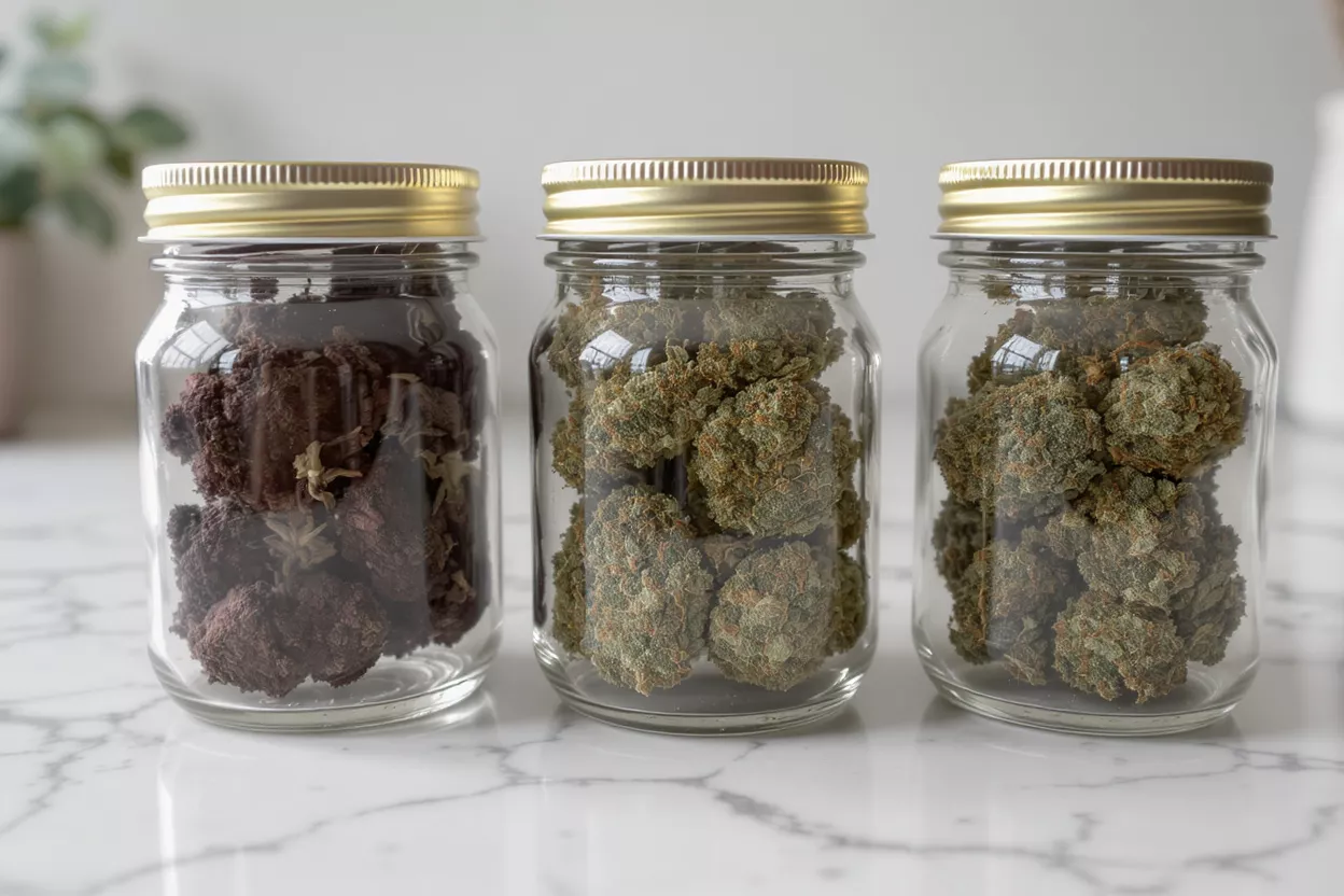 Three glass jars with gold lids containing different cannabis strains on a marble counter.
