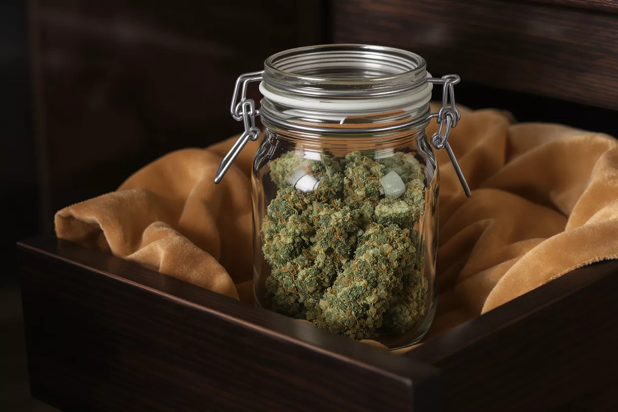 Close-up of cannabis buds in a glass jar, resting on a golden cloth.