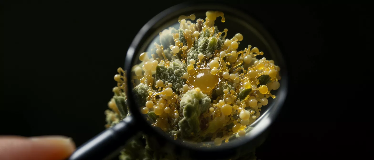 Close-up of cannabis bud under magnifying glass showing abundant trichomes.