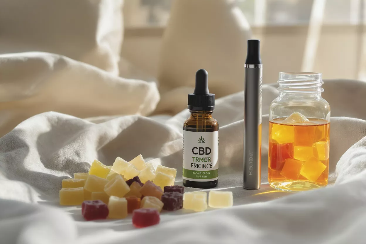 CBD oil, vape pen, gummies, and a jar of gummies in liquid on white fabric.