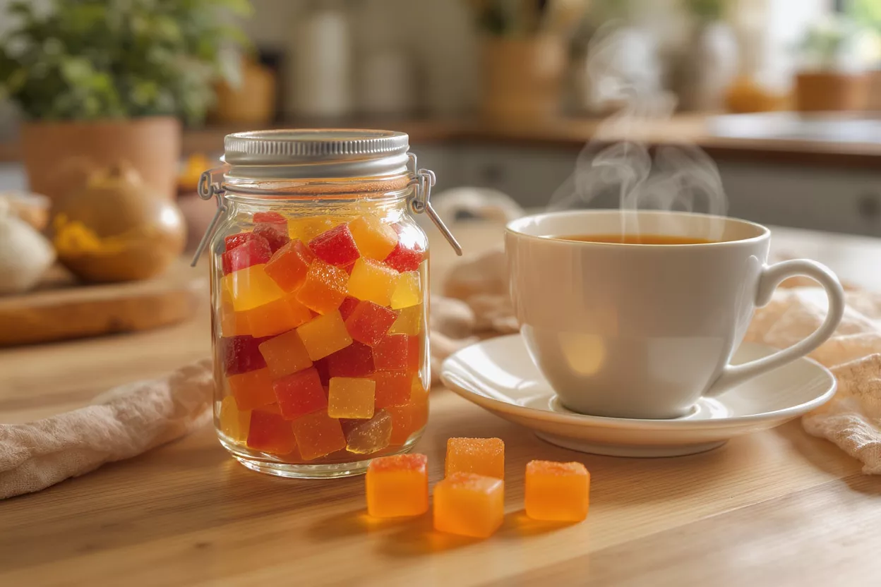 Jar of colorful gummy candies and a steaming cup of tea on a wooden table.