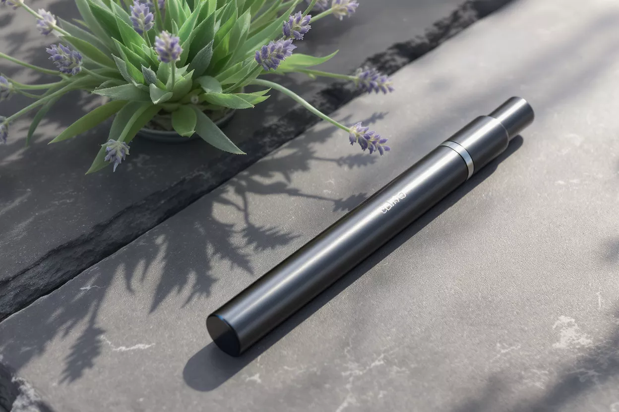 Sleek gray vape pen next to a lavender plant on a slate surface.