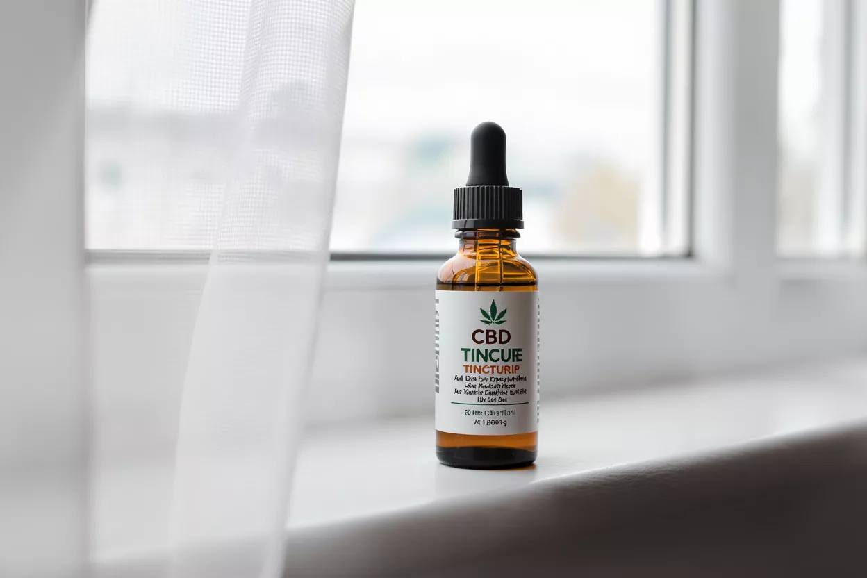 Amber glass bottle of CBD tincture with dropper cap on a white windowsill.