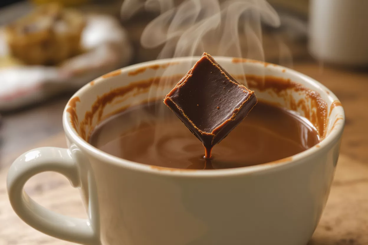 A square of chocolate melting into a steaming cup of hot chocolate.