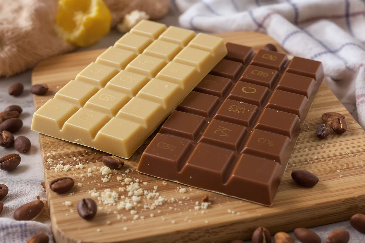 Two CBD chocolate bars, one white and one milk, with coffee beans.