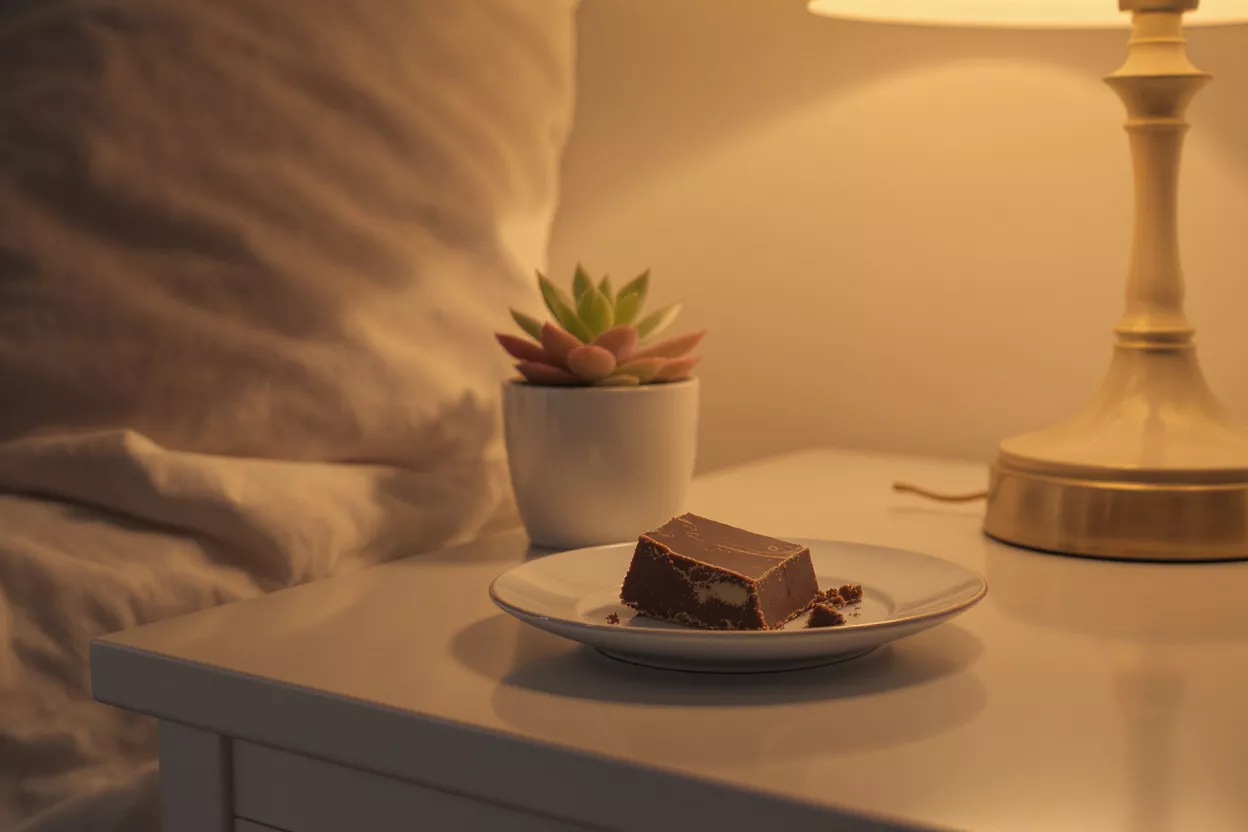 A piece of chocolate dessert on a white plate on a bedside table.
