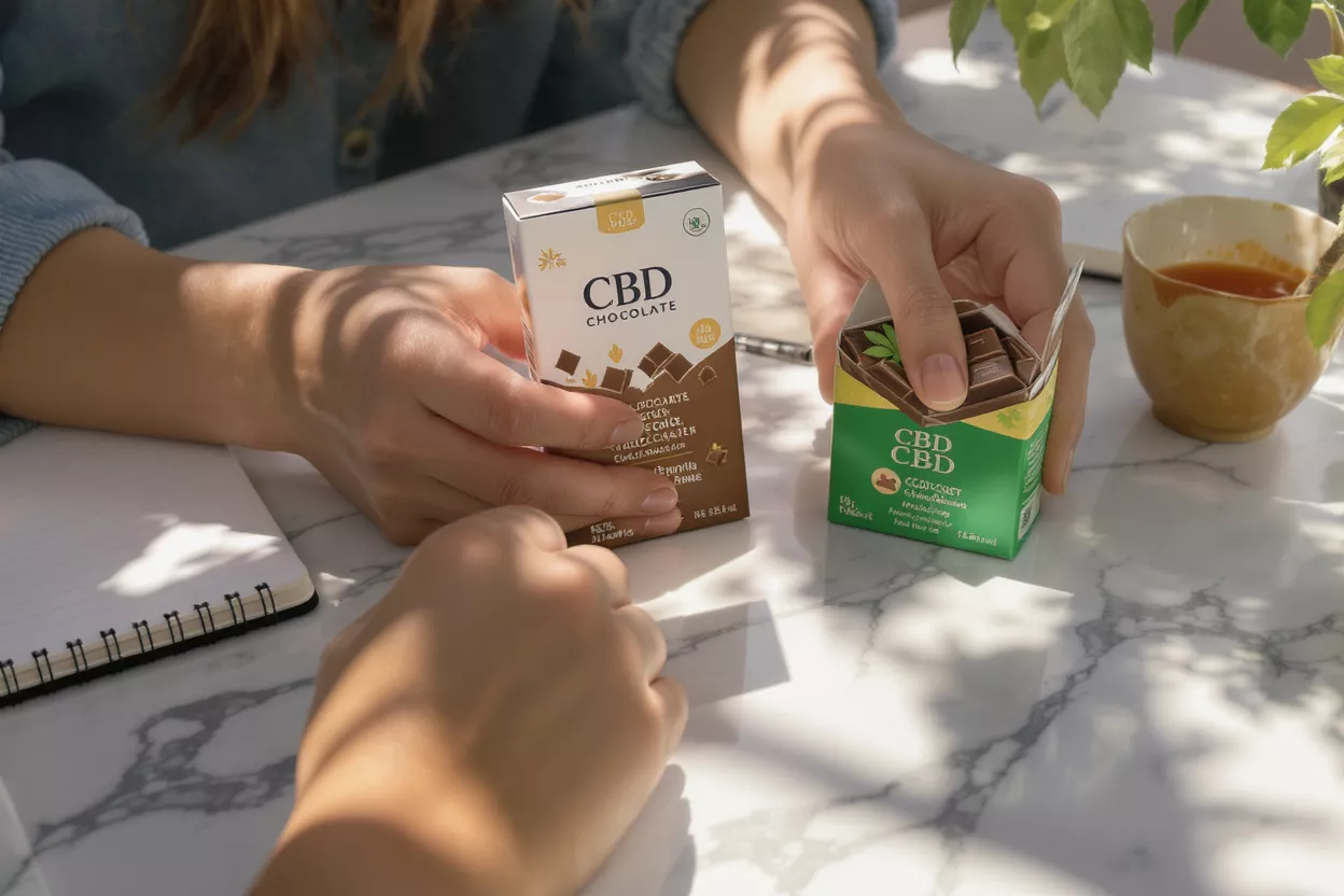 Hands holding two different CBD chocolate bars on a marble table.
