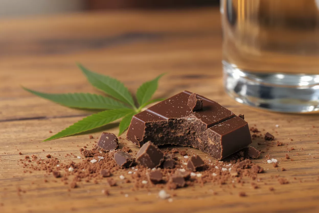 Barra de chocolate con hoja de cannabis, cacao en polvo y una bebida sobre una mesa de madera.
