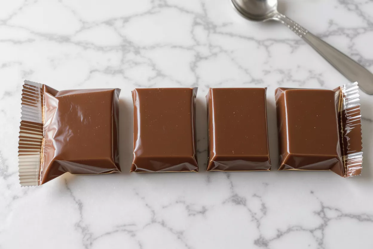 Cuatro cuadrados de chocolate sin envolver sobre una superficie de mármol blanco con una cuchara.