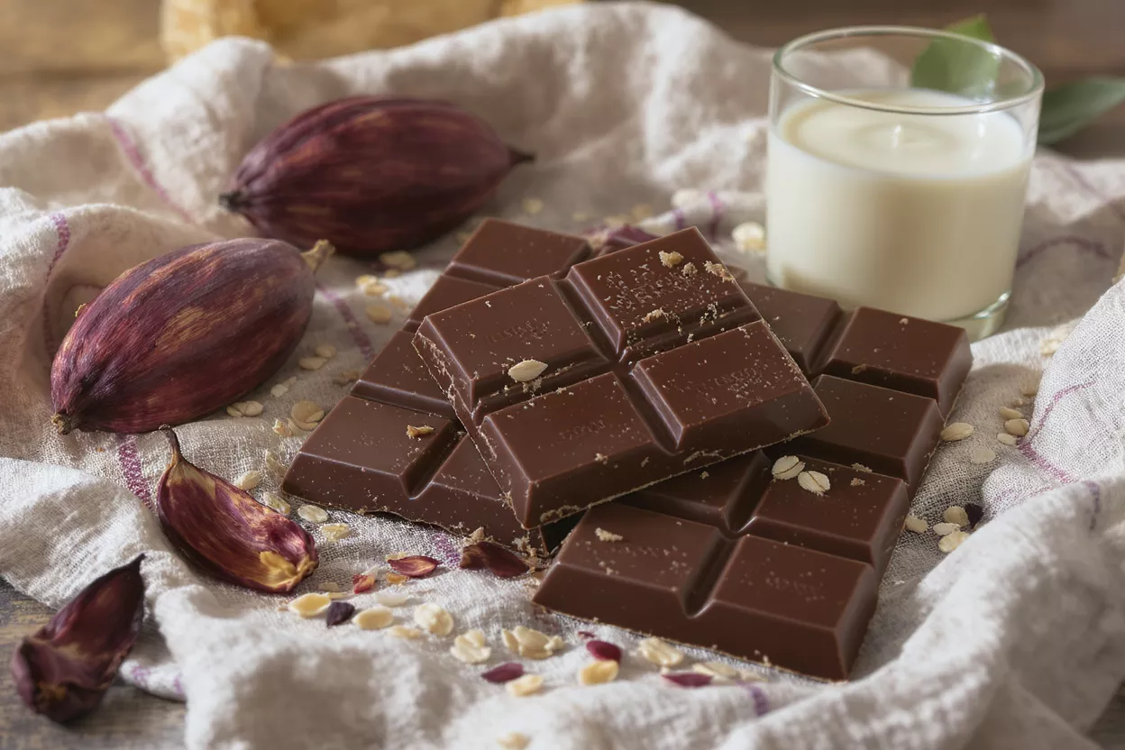Tabletas de chocolate negro, vainas de cacao, un vaso de leche y avena esparcida sobre un paño.
