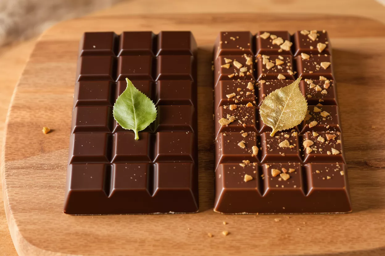 Dos barras de chocolate, una oscura con una hoja verde, una con leche con nueces y una hoja dorada.