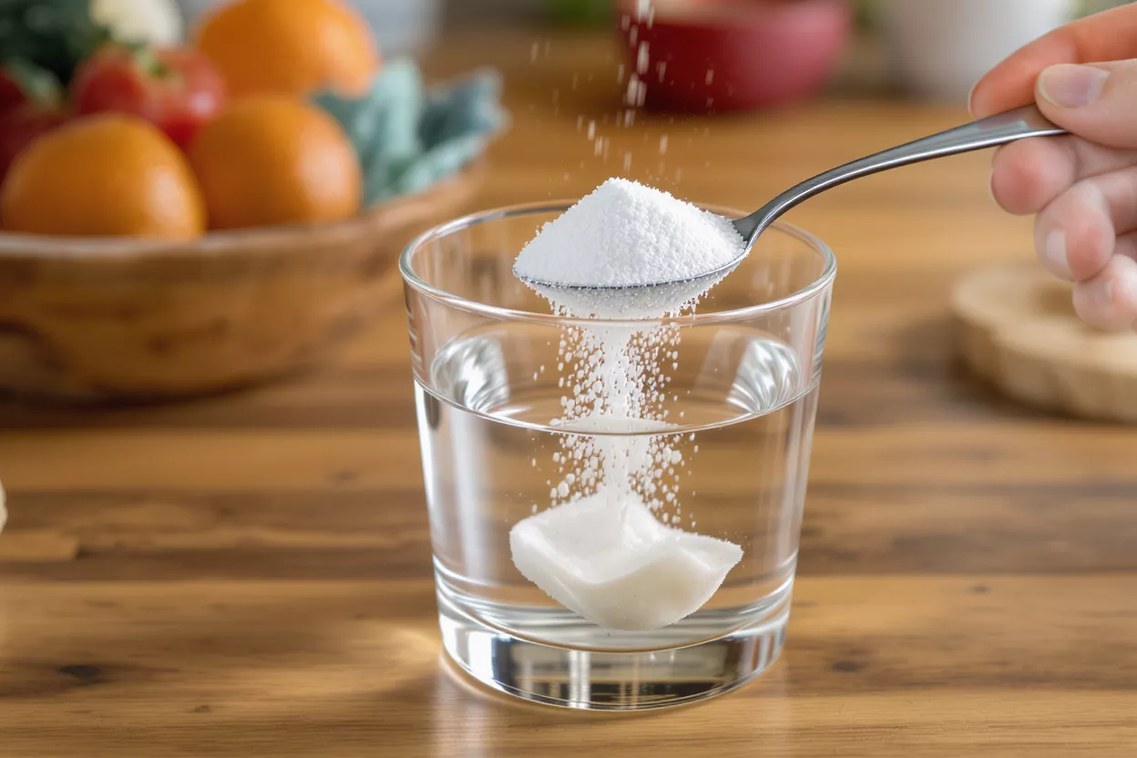 Hand adding white powder from spoon into a glass of water.